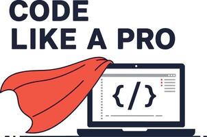 Programming code illustration with laptop and red cape superhero theme for tshirt printing projects vector