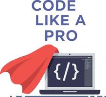 Code Like a Pro Laptop with Red Cape Programming Illustration for Tshirt Design Projects vector