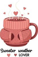 Cozy sweater wrapped coffee mug with hearts steam illustration for tshirt printing projects vector