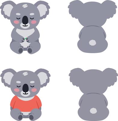 Cute koala bear front and back view illustrations for t shirt printing and craft design projects