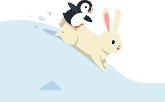 Cute rabbit and penguin sliding on snowy hill illustration for tshirt print and creative projects vector