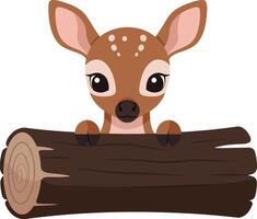 Cute fawn peeking over wooden log illustration for tshirt projects vector