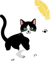 Black and White Cat Playing with Yellow Feather Illustration for Tshirt Print Design Projects vector