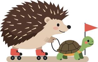 Hedgehog on Roller Skates Pulling Turtle with Red Flag Cartoon Illustration for Fun Projects vector