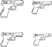 A illustration of four different black pistols, isolated handguns, minimal shadow, clean white background, flat design, high detail vector