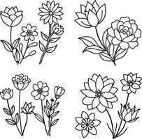 A small loral line drawings, various flower types including tulip, daisy, rose, lotus, and abstract blossoms, minimal outline illustration, white background, kid-friendly style art. vector