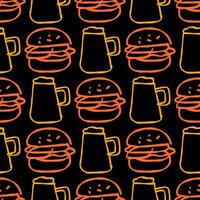 Seamless pattern of burgers and beer mugs in neon outline on black background vector