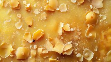 Golden Almond Toffee Texture Close-Up View of Sweet Treat with Scattered Nuts and Glossy Finish photo