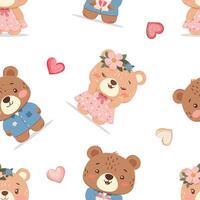 Seamless pattern with cute teddy bears and hearts on white background vector