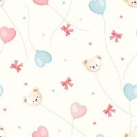 Seamless pattern with teddy bears, heart balloons and bows on white background vector