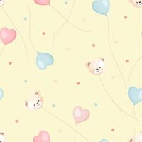 Seamless pattern with teddy bears and heart balloons on yellow background vector