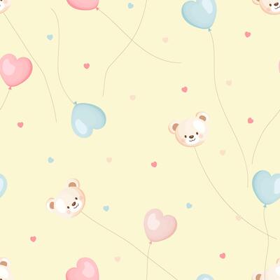 Seamless pattern with teddy bears and heart balloons on yellow background