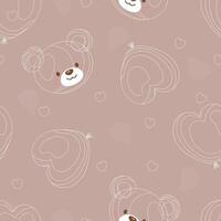 Seamless teddy bear and heart balloon pattern with white outline on light brown background vector