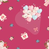 Seamless pattern with teddy bear balloons, gifts and flowers on raspberry background vector