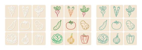 Set of vegetable icons in outlined style on beige background vector