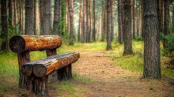 Tranquil Log Bench A Moment of Serenity in the Pine Forest photo