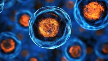 Cellular Structures Microscopic View of Lifes Building Blocks Orange Nuclei on Blue Background photo
