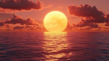 Fiery Sky Oversized Sun and Crimson Clouds Reflecting on a Calm Ocean at Sunset photo