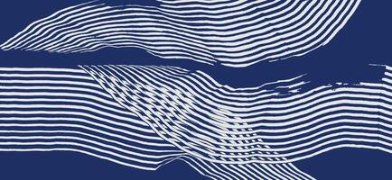 Crafted hand drawn brush line abstract minimal flowing waves and water background, Japanese and ethnic wood carving, engraving texture graphic in white and blue, for textile, carpet vector