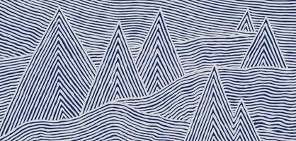 Hand drawn brush lines abstract mountains pattern, Japanese and ethnic wood carving, engraving texture background in blue and white, handcrafted landscape graphic for textile, carpet vector