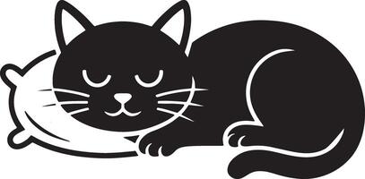 Sleeping Black Cat Illustration Curled Up On Pillow Image Design vector