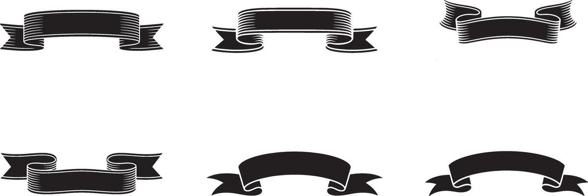 Collection Of Six Black Ribbon Banners With Various Shapes And Styles