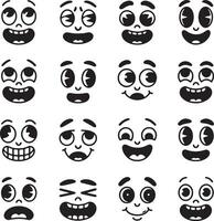 Set Of Funny Cartoon Faces With Various Expressions Black And White vector