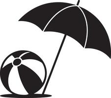 Minimalist Beach Scene Featuring Umbrella And Ball Black And White Illustration vector
