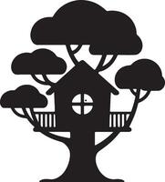 Treehouse Silhouette Whimsical Illustration Kids Adventure House In Tree vector