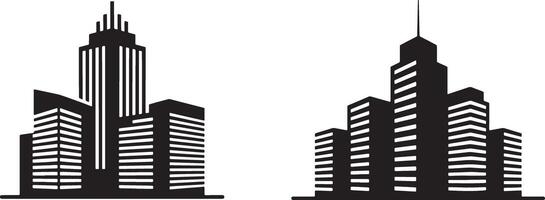 Two Sets Of Simple Black And White High Rise Building Silhouettes Isolated vector