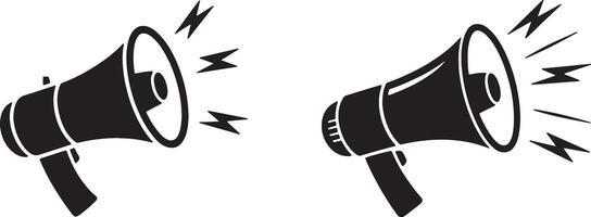 Two Black Megaphone Icon Vectors Announcing Loudly With Sound Waves Isolated On White