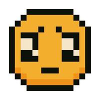A sad pixel emoji face with large pleading eyes in 8-bit pixel art style vector