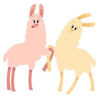 Two adorable laughing llamas standing next to each other on isolated background vector