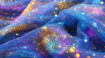 Celestial Silk Shimmering Waves of Cosmic Fabric with Glimmering Stars and Nebula Effects photo