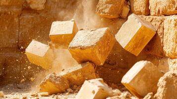 Crumbling Ancient Wall Cubes of Stone Dust Exploding in Golden Light photo