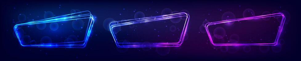 Set of three neon rounded frames with shining effects and sparkles on dark background. Empty glowing techno backdrop. illustration vector