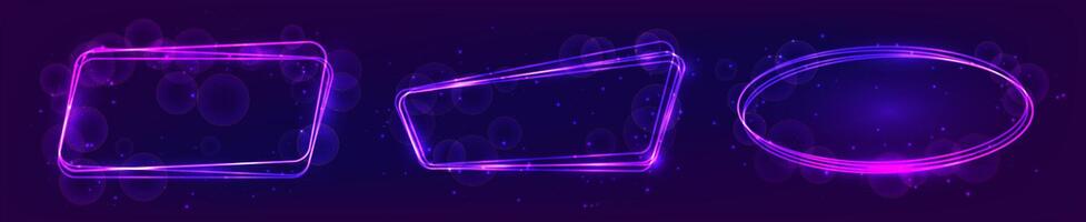 Set of three neon frames with shining effects and sparkles on dark background. Empty glowing techno backdrop. vector