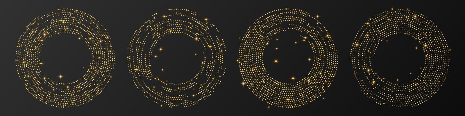 Abstract gold glowing halftone dotted background. Set of four gold glitter patterns in circle form. Circle halftone dots.