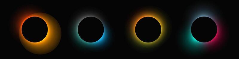Circle illuminate frame with gradient. Set of four round neon banners isolated on black background. vector