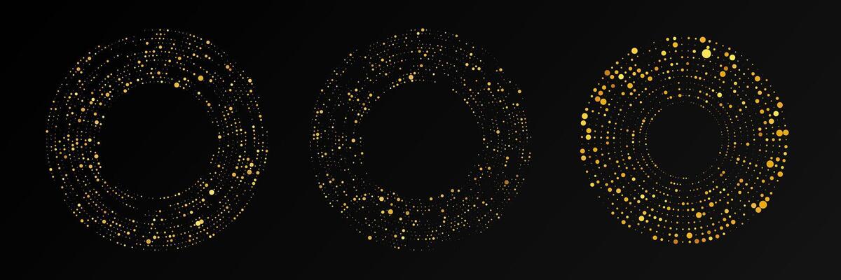 Abstract gold glowing halftone dotted background. Set of three gold glitter patterns in circle form. Circle halftone dots.