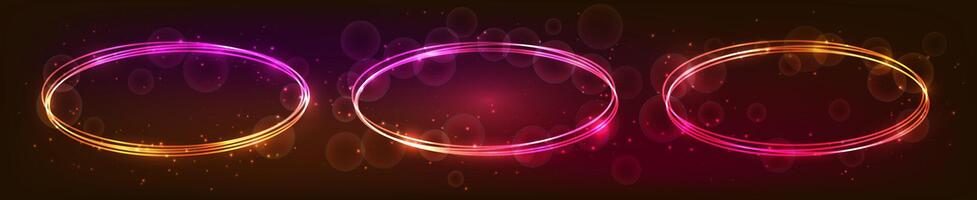 Set of three neon oval frames with shining effects and sparkles on dark background. Empty glowing techno backdrop. vector