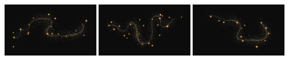 Gold glittering confetti wave and stardust. Set of three backdrops with golden sparkles on background. illustration vector