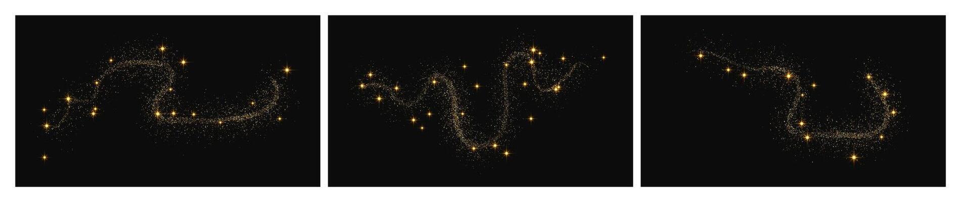 Gold glittering confetti wave and stardust. Set of three backdrops with golden sparkles on background. illustration