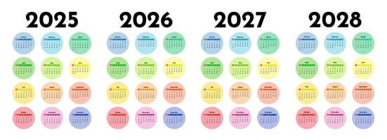 Set of calendars for 2025, 2026, 2027 and 2028 on a white background vector