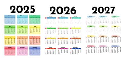 Set of three vertical calendars for 2025, 2026 and 2027 isolated on a white background. Sunday to Monday, business template. vector
