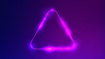 Neon rounded triangle frame with shining effects on dark purple background. Empty glowing techno backdrop. vector