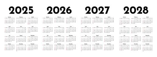 Set of four vertical calendars for 2025, 2026, 2027 and 2028 isolated on a white background. Sunday to Monday, business template. vector
