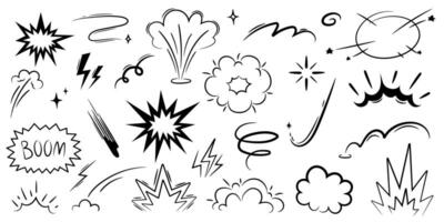 Cartoon effect, boom explosive motion line element set. Hand drawn sketch doodle action effects. Comic boom burst, explosive smoke. Speed line cartoon icon on black background. vector