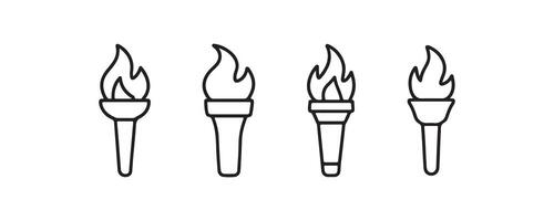 Torch icon set with flame in outline style vector