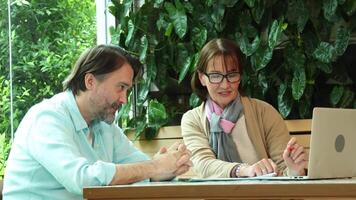 Business Talk. Middle aged man and senior woman collaborate in cafe. Discuss ideas while working on a laptop suggesting New Business or Teamwork or Mentorship and modern work from anywhere lifestyle. video